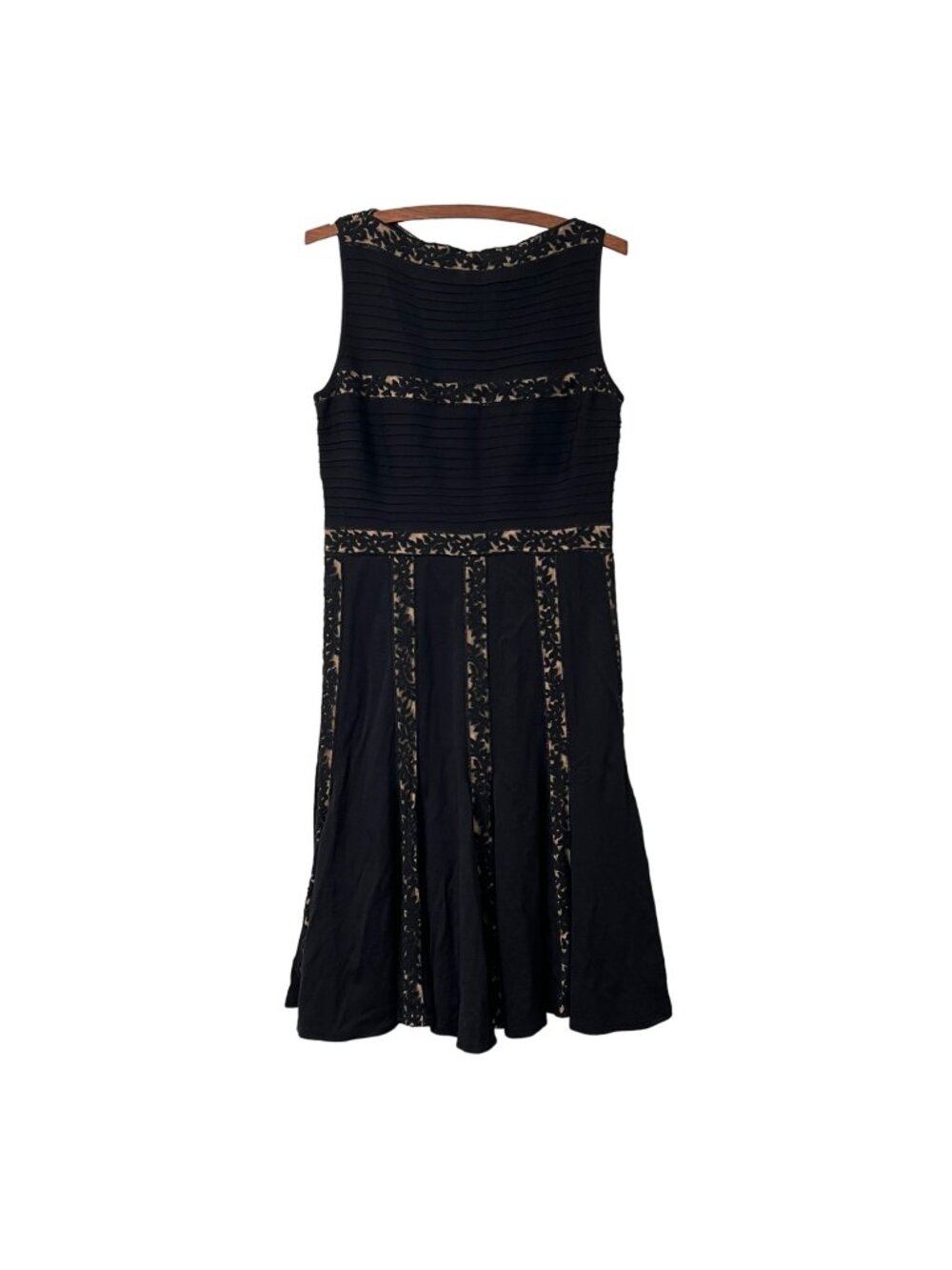 Tadashi Shoji Black Nude Ribbed Lace Detail Fit Flare Boatneck Dress Size Medium